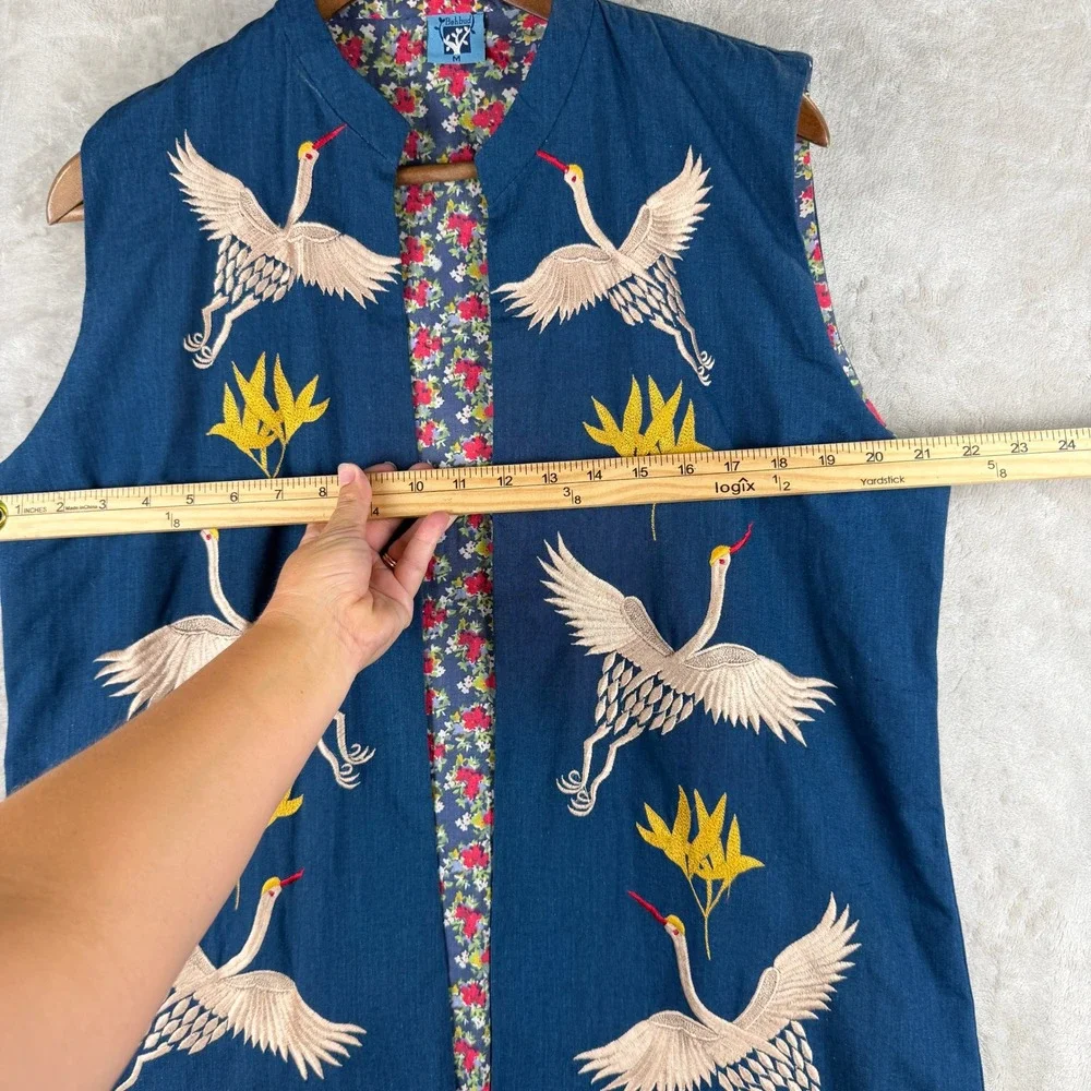 Vintage Blue Embroidered Crane Longline Vest Floral Lined Boho Asian Art
